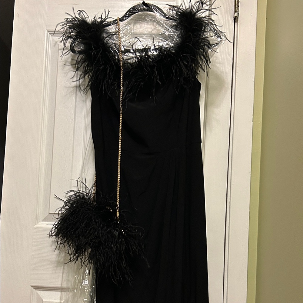 Alex Evenings Black Dress with Feather Accents